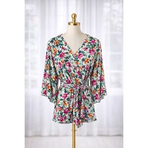 Savanna Jane Boho Faux Wrap Blouse 1X Floral Print Top Kimono Sleeve Tie Waist
